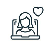 Online Help Line Icon. Computer Psychologist Support and Therapy Online with Heart Linear Pictogram. Virtual Woman Operator Outline Icon. Donate Concept. Isolated Vector Illustration.