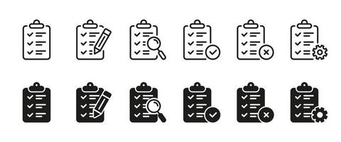 Set of Clipboard for Note Icon. Checklist on Board with Pencil, Gear, Magnifier Line and Silhouette Icons. Business Schedule, Check List on Clip Board. Data Register. Isolated Vector Illustration.