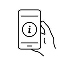 Mobile Phone in Hand with Information on Display Line Icon. Info for Customer on Smartphone Screen Linear Pictogram. Information on Phone Outline Icon. Isolated Vector Illustration.