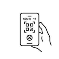 pasaporte sanitario con código qr en el icono de la línea de teléfono móvil. pasaporte sanitario no válido en smartphone. certificado de pasaporte atrasado del icono de contorno pandémico covid 19. ilustración vectorial aislada. vector