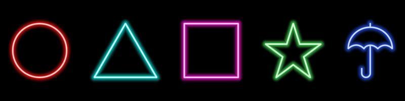 Glowing Neon Geometric Shapes on Black Background. Color Circle, Triangle, Square, Star, Umbrella Bright Neon Sign. Colored Geometric Shapes. Isolated Vector Illustration.