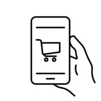 teléfono inteligente con símbolo de carro para el icono de esquema de compras en línea. compra en línea en el icono de la línea de teléfono celular. pictograma de comercio por Internet. comprar producto por teléfono. ilustración vectorial aislada. vector