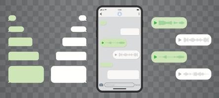 teléfono inteligente de maqueta con chat de messenger de plantilla en blanco. mensaje de voz e icono de voz de burbuja de conversación vacía. redes sociales. vector