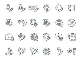 Set of Medical Vaccination Linear icons. Injection, prevention and treatment of covid. Vaccine Line Icons. Medical Syringe and Virus, Certificate for Vaccine. Vector illustration.