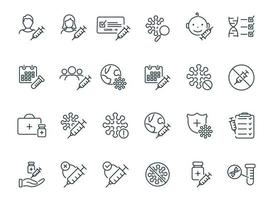 Set of Medical Vaccination Linear icons. Injection, prevention and treatment of covid. Vaccine Line Icons. Medical Syringe and Virus, Certificate for Vaccine. Vector illustration.