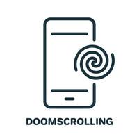 adicción al teléfono móvil e icono de línea de mala influencia. Sentimientos negativos y poco saludables del pictograma de desplazamiento de fatalidad. icono de contorno de navegación de doom dañino en Internet. ilustración vectorial aislada. vector