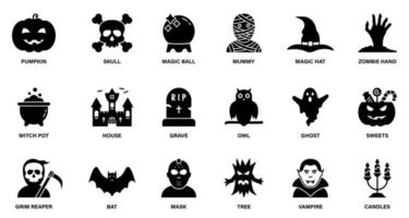 Halloween Set Silhouette Icon. Pumpkin, Ghost, Bat, Grave, Candy, Vampire, Creepy Castle Black Icon for Celebration 31 October. Spooky Horror Glyph Pictogram. Halloween Concept. Vector Illustration.