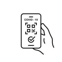 pasaporte sanitario con código qr en el icono de la línea de teléfono móvil. pasaporte sanitario válido en smartphone. certificado de pasaporte comprobado del icono de contorno pandémico covid 19. ilustración vectorial aislada. vector