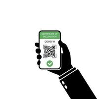 Vaccination Certificate in Smartphone Pictogram. Checked Certificate of Vaccination with QR Code on Mobile Phone in Hand. Control Document of Covid 19 Epidemic. Isolated Vector Illustration.