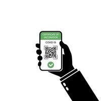 certificado de vacunación en pictograma de teléfono inteligente. comprobó el certificado de vacunación con el código qr en el teléfono móvil en la mano. documento de control de la epidemia de covid 19. ilustración vectorial aislada. vector