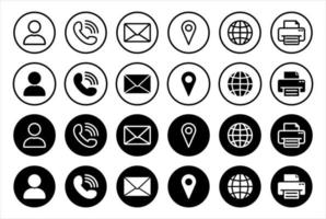 Set of Online Contact Icon Concept. Black Buttons Symbol of Call, Message and Web Communication. Handset Phone, Email, Man, Pin, Globe, Fax Line and Silhouette Icons. Isolated Vector Illustration.
