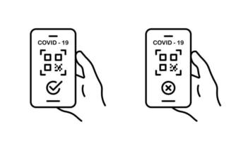 pasaporte sanitario con código qr en el teléfono móvil. Pasaporte sanitario válido y no válido en el icono de la línea del smartphone. certificado de pasaporte comprobado del icono de contorno pandémico covid 19. ilustración vectorial aislada vector