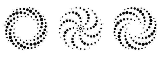 Spiral Halftone Pattern Set. Black Dots in Circle on White Background. Round Swirl Minimalistic Template. Twirl Abstract Modern Design. Vector Illustration.