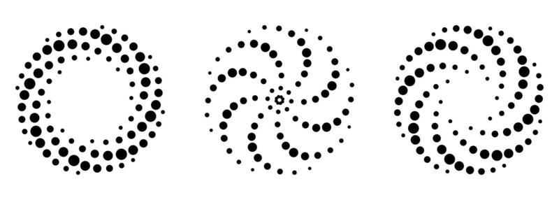 Spiral Halftone Pattern Set. Black Dots in Circle on White Background. Round Swirl Minimalistic Template. Twirl Abstract Modern Design. Vector Illustration.