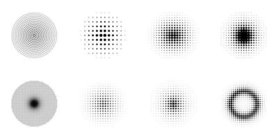 Halftone Gradient Circles Pictogram Set. Abstract Halftone Dots Pattern. Round Gradient Geometric Black and White Circle Texture. Raster Round Retro Dots. Isolated Vector Illustration.