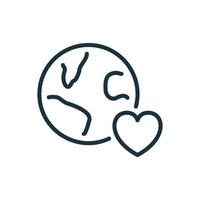 Love Earth Linear Icon. Heart Shape and Globe Planet Line Pictogram. Concept of Charity, Donation Organization and International Love. Save the earth and World. Vector illustration.