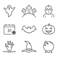 Halloween Set Line Icon. Pumpkin, Ghost, Bat, Calendar, Hat, Magic Ball and Zombie Hand Outline Icon. Spooky Horror Linear Pictogram. Halloween Concept. Editable Stroke. Isolated Vector Illustration.