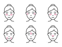 Girl with Different Method for Use Gel Patch Line Icon. Patches Under Eye, Between Brows, for Mouth and Nose Pictogram. Face Anti Aging Procedure Icon. Isolated Vector Illustration.