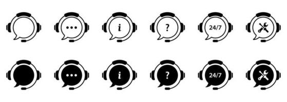 Client Support Service on White Background. Headset with Question Mark, Ellipsis. Hotline Concept Silhouette and Line Icons. Around Clock Telephone and Online Help Pictogram. Vector Illustration.