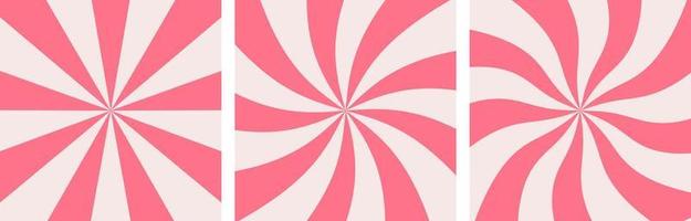 Sweet Candy Swirl Pink Background Set. Strawberry, Raspberry Lollipop, Yogurt Twist Template. Color Caramel Twirl Pattern. Abstract Modern Design. Vector Illustration.