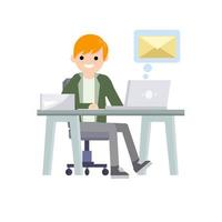 Young man sit at table with computer and receives letter. e-mail in messenger. Cartoon flat illustration. Work in office. postal envelope in bubble, chat with friends on Internet vector