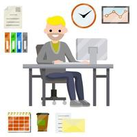 Man sitting at computer in office. Cartoon flat illustration. vector