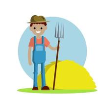 Farmer in blue jumpsuit and hat with fork in hands. Yellow haystack. vector