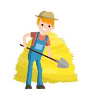 Man with a shovel in the village in a blue jumpsuit. Farm work. vector