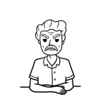 Angry old man sits with crossed arms. Negative gesture and discontent. Bad emotions. grumpy senior and Unpleasant look. Drawn black and white sketch cartoon illustration. vector