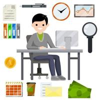 Man sit at Desk with computer and typing the text message in front of monitor. Set of business icons-yellow folder, case for document, schedule, red coffee mug, cash. Flat picture. Businessman at work vector