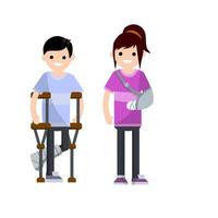 Man and woman with broken arm and leg. Cartoon flat illustration. Illness and injury. Bandage, crutch. medical healthcare. Young boy and girl vector