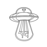 UFO with an alien and a cow. Outline of a UFO. Flying saucer. An alien spaceship isolated on a white background. Coloring book, Vector icon.