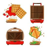 Colorful set of kitchen appliances. Sandwich and waffle maker on an isolated background. Sandwiches and waffles with jam. Vector. vector