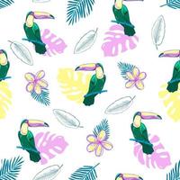 Seamless tropical pattern with toucans, flowers and palm leaves. Vector background.