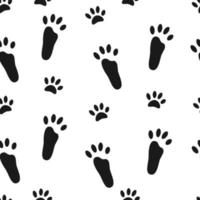 Rabbit paws. Seamless pattern with black footprints of hare on white background. vector