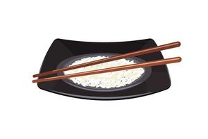 White rice on black square plate with Chinese chopsticks. Vector illustration of a grain garnish.