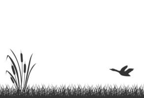 Black silhouette of marsh grass with reeds and flying duck. Lake reed, seamless grass. vector