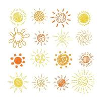 Hand-drawn sun set. Different styles and strokes. vector