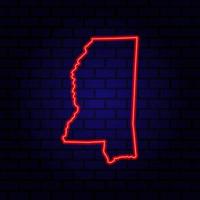 Neon map State of Mississippi on brick wall background. vector
