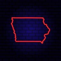 Neon map State of Iowa on brick wall background. vector