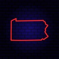 Neon map State of Pennsylvania on brick wall background. vector