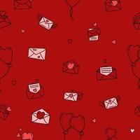 Seamless pattern with love envelopes, letters, hearts, wings, rainbows and Balloons on burgundy background. Vector illustration in linear hand drawn doodle style. Mail for Valentines Day