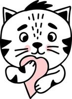 Cute cat with heart. Vector illustration. Cat character Hand drawn linear doodle for design and decor