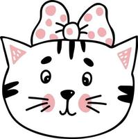 linda chica gato con lazo. ilustración vectorial garabato lineal dibujado a mano de personaje de gato para diseño y decoración vector