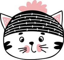 lindo gato con sombrero. ilustración vectorial garabato lineal dibujado a mano de personaje de gato para diseño y decoración vector