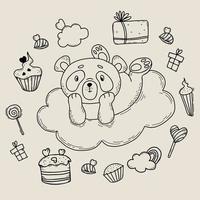 Set with cute panda on cloud. All around there are gifts, sweets, cakes and sweets, lollipop and rainbow. Vector illustration. Linear hand drawings with animal character for kids collection and design