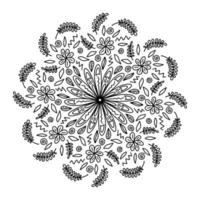 Floral vector mandala with flowers and leaves in doodle style isolated on white background. Funny coloring and cute illustration for seasonal design, textile, decoration kids playroom or greeting card