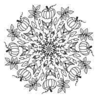 Cute doodle autumn mandala with leaves, mushrooms, baskets, fox, tulips, leaves, acorns isolated on white background. Hand drawn vector illustration for adult and kids coloring page and artbooks.