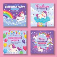 colección de publicaciones de redes sociales de fiesta de cumpleaños de unicornio vector