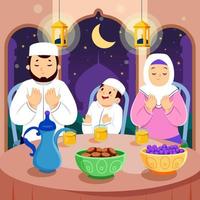 familia musulmana rezando en la celebración del mes de ayuno vector